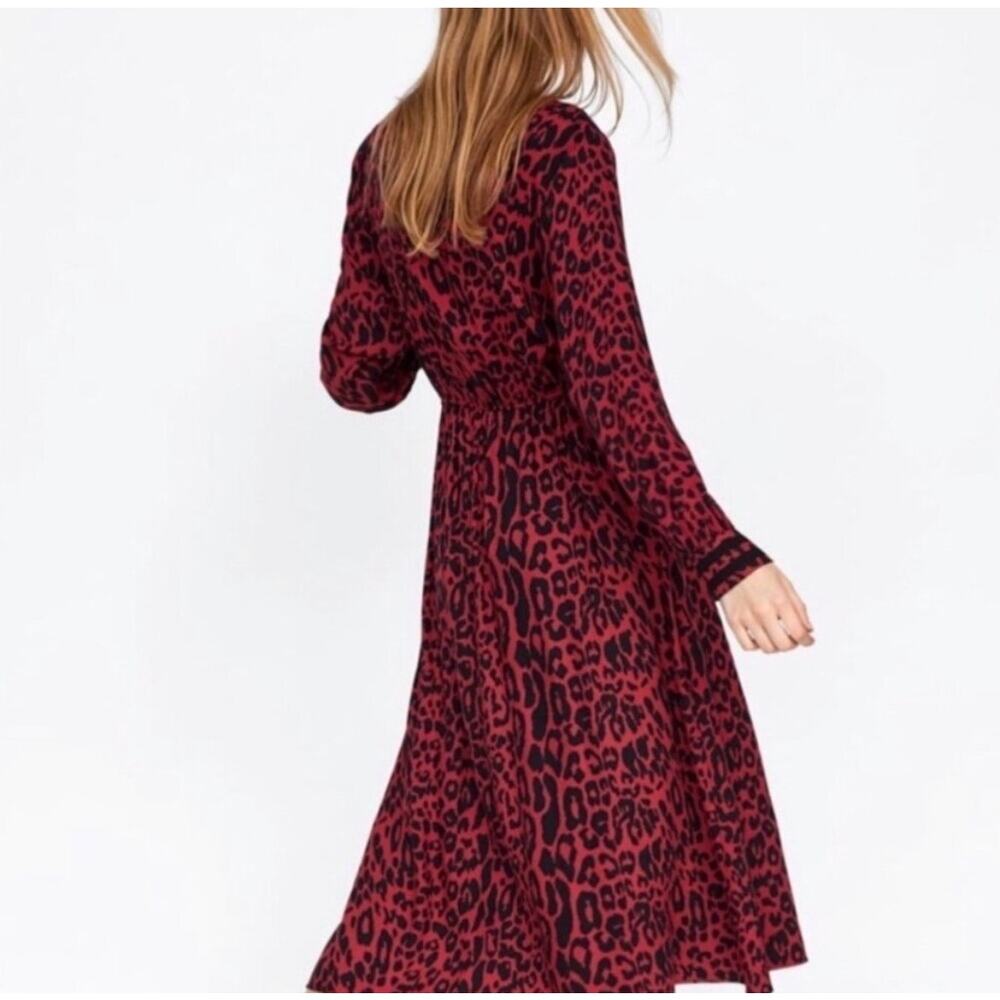 Zara Womens Red Leopard Print Midi Dress Tie Sz L - Picture 3 of 6